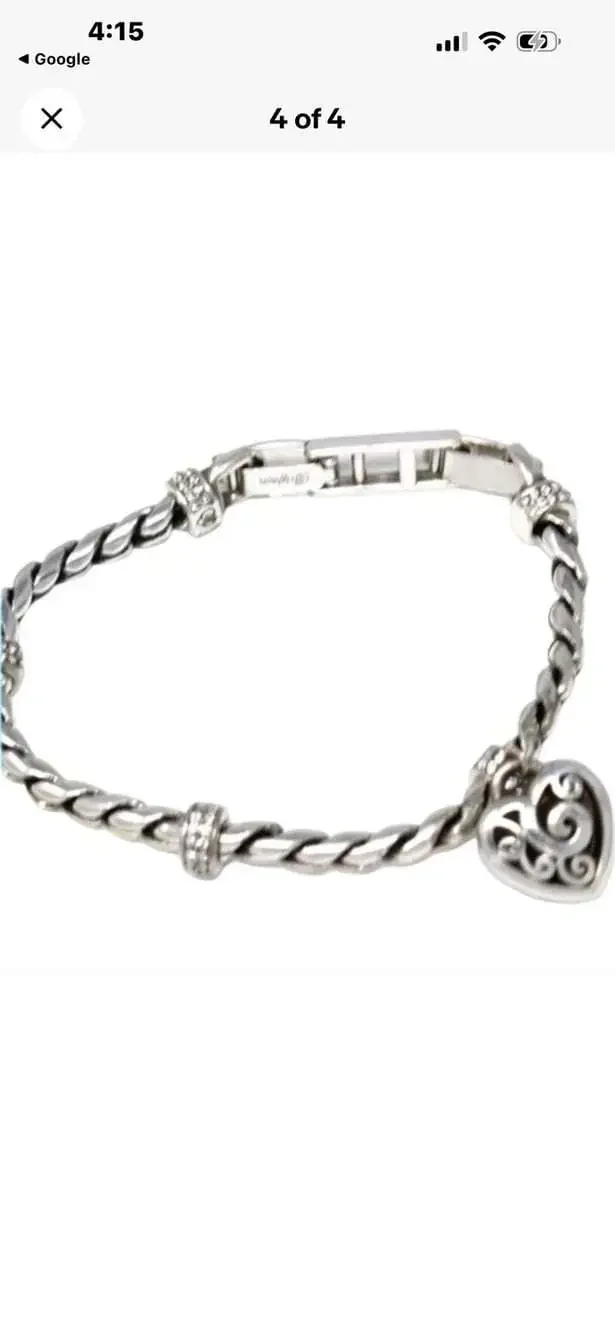 Brighton Silver Plated Braided Bracelet w Pink Ribbon Heart Charm Meridian